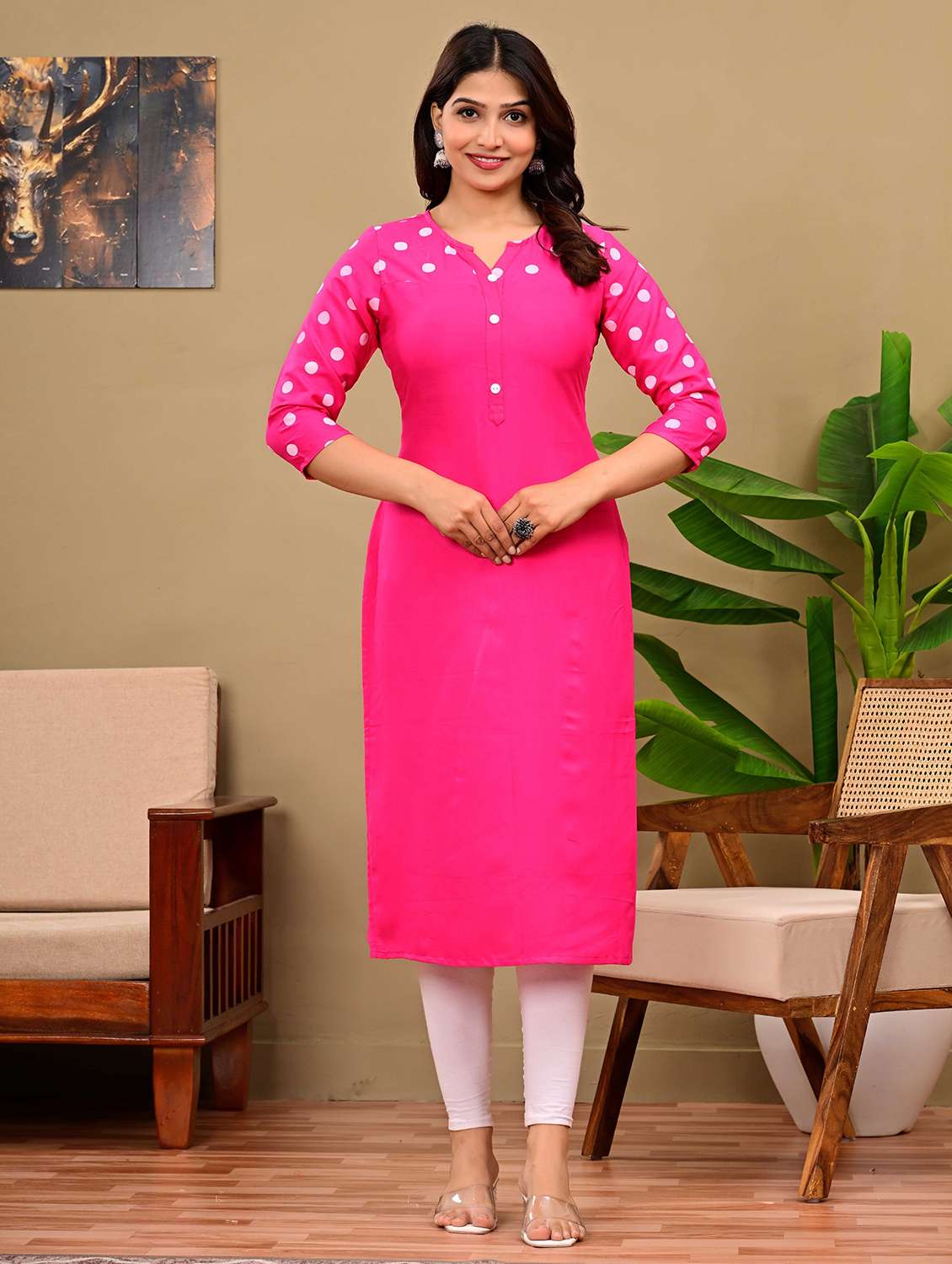 women polka dot three quarter sleeve straight kurta