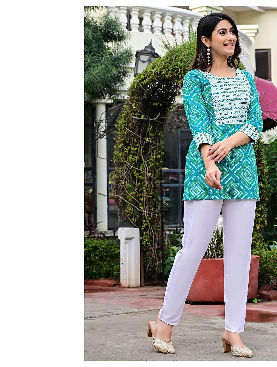 women bandhani three quarter sleeve straight kurti - 22339289 -  Standard Image - 2
