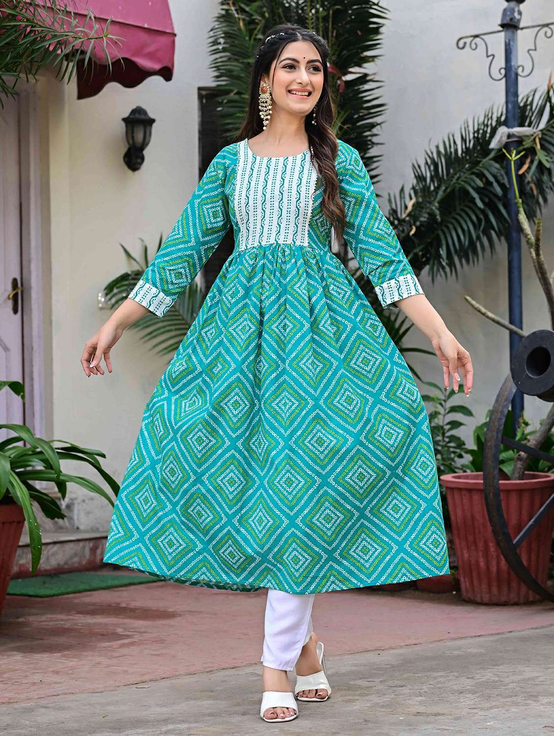 women bandhani three quarter sleeve a-line kurta