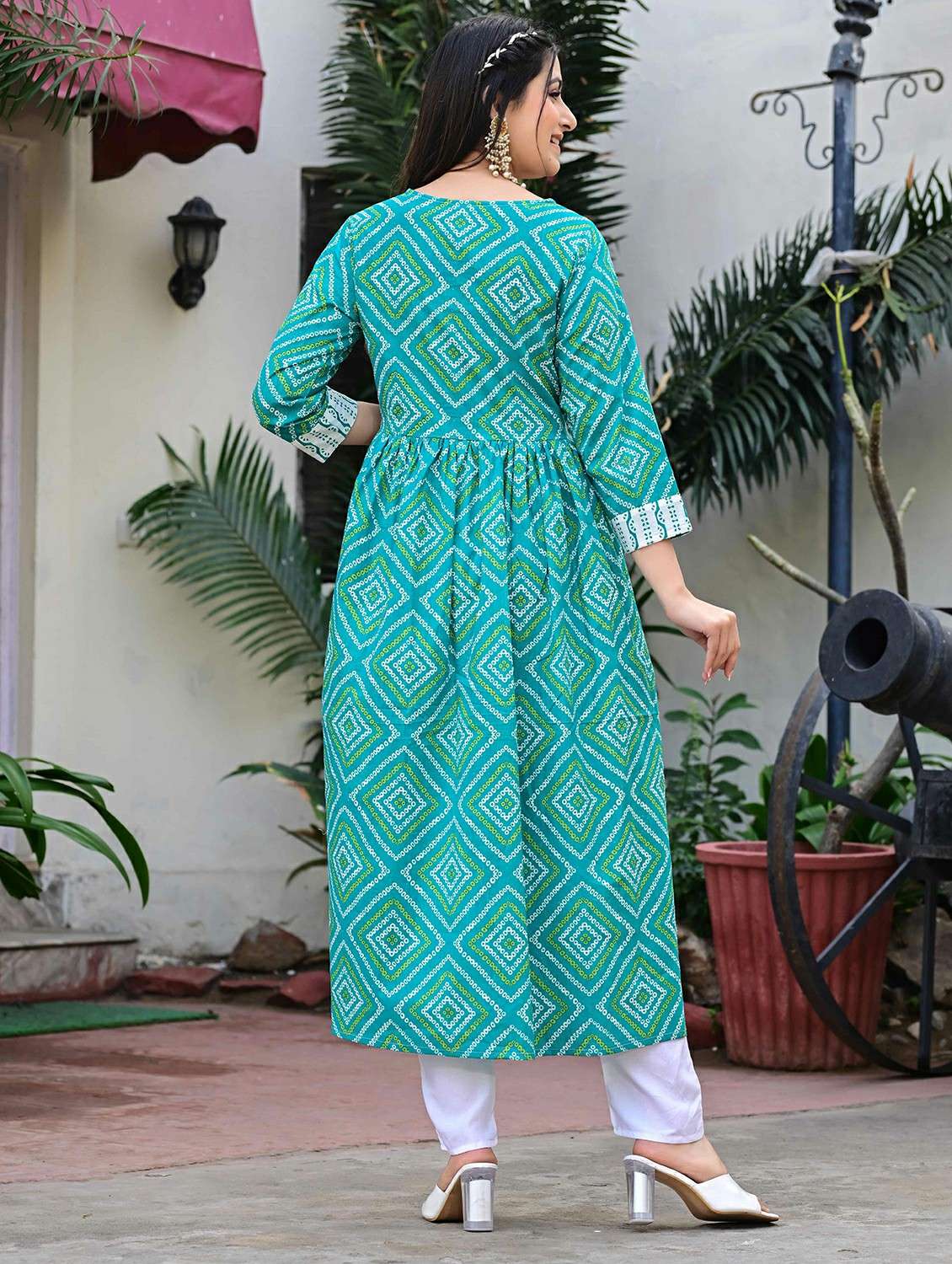 women bandhani three quarter sleeve a-line kurta - 22339297 -  Standard Image - 2