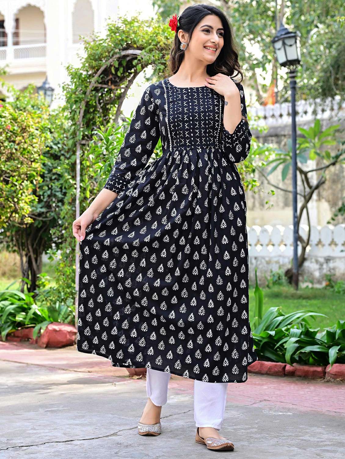 women printed three quarter sleeve a-line kurta - 22339298 -  Standard Image - 2