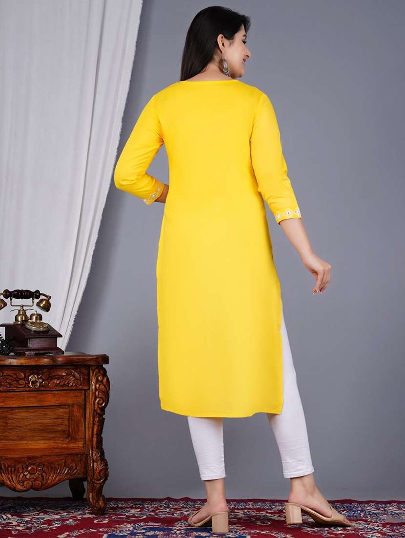 women solid with work three quarter sleeve straight kurta - 22339302 -  Standard Image - 2