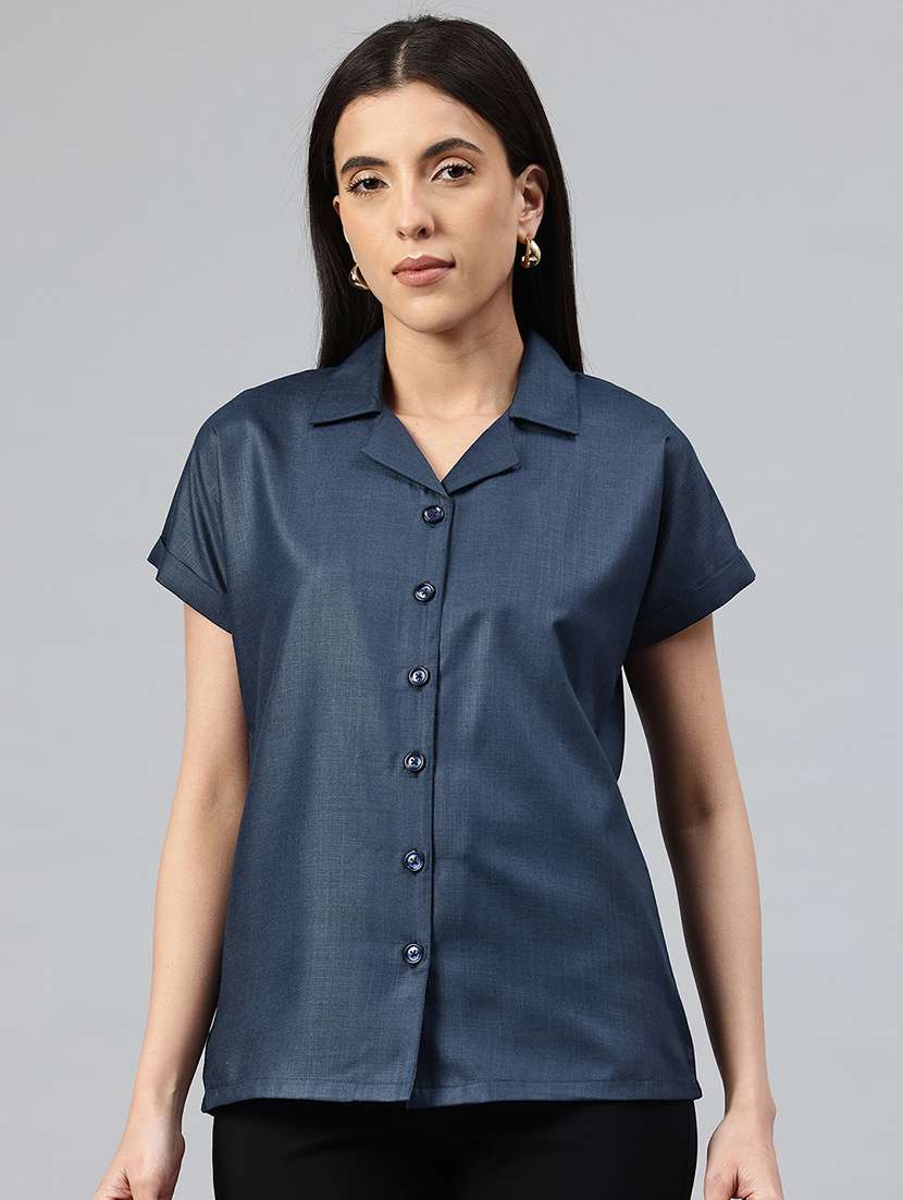 women solid cuban collar short sleeve shirt 