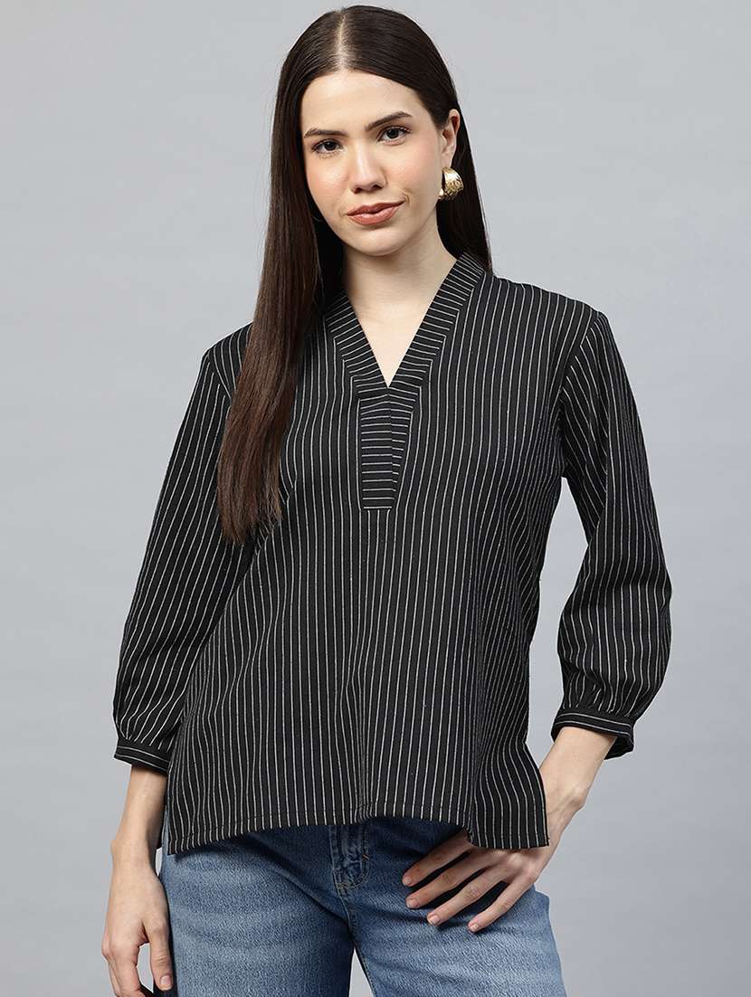 women striped three quarter sleeve regular top