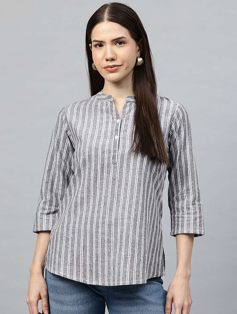 women striped three quarter sleeve regular top