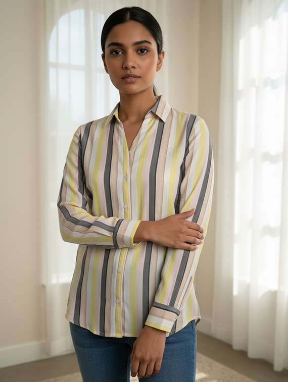 women striped collared long sleeve shirt