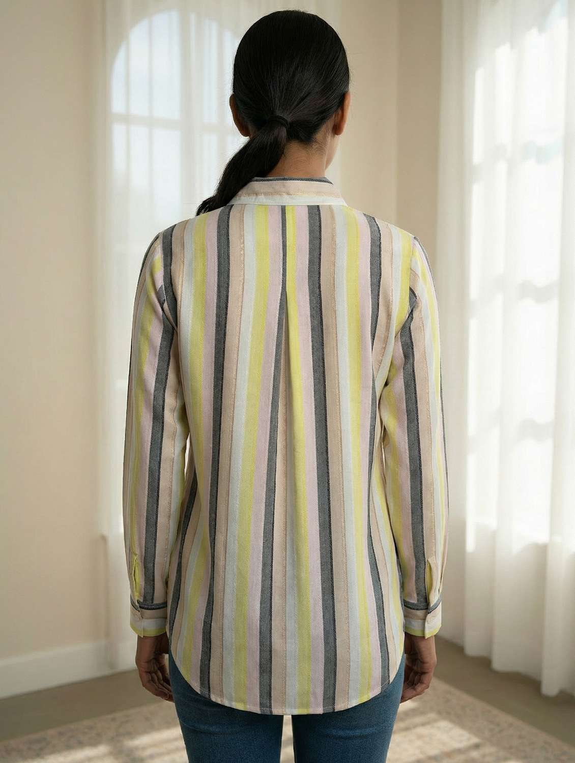 Women Striped Collared Long Sleeve Shirt - 22339490 -  Standard Image - 2