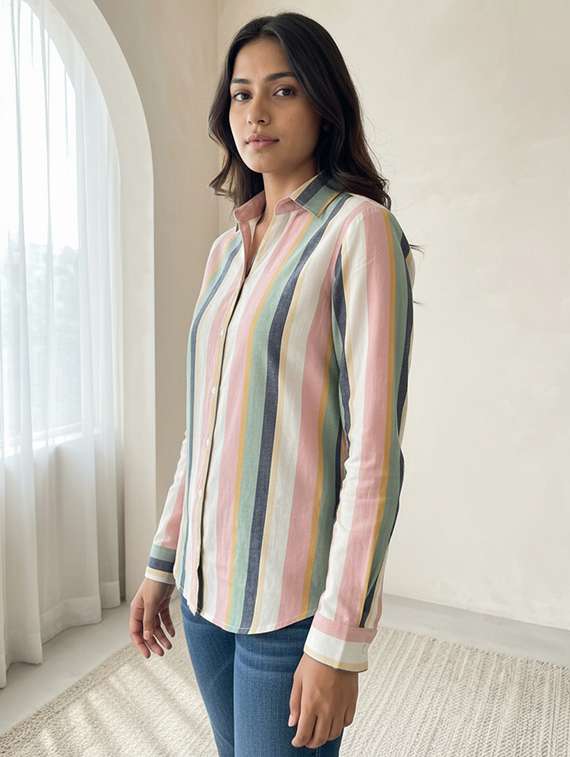 women striped collared long sleeve shirt - 22339492 -  Standard Image - 2