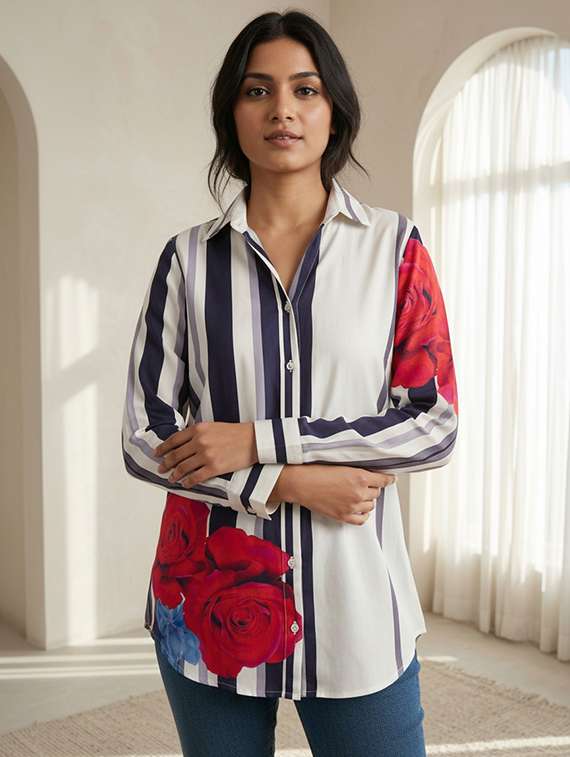 women printed collared long sleeve shirt