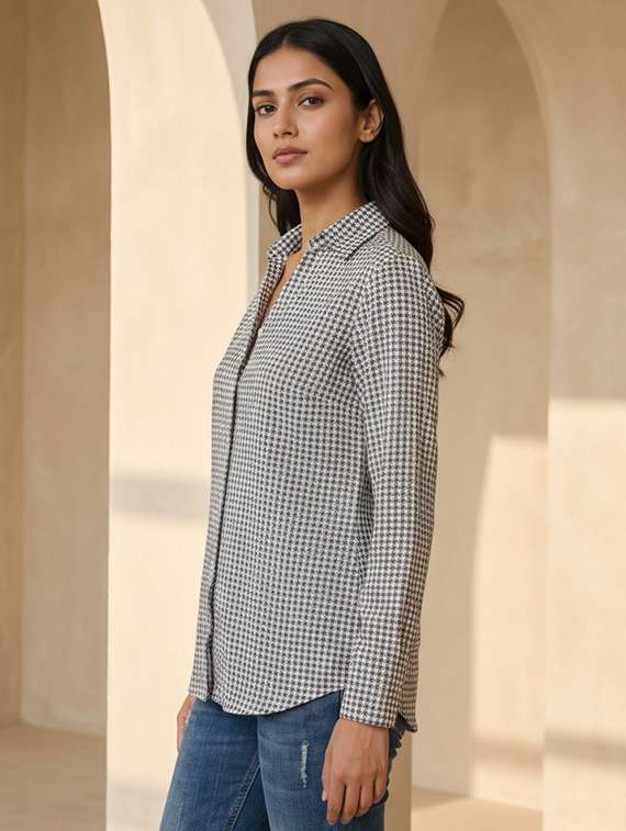 women houndstooth print collared long sleeve shirt - 22339498 -  Standard Image - 2