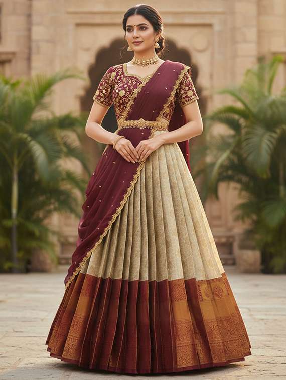 women self design south indian style unstitched lehenga choli set