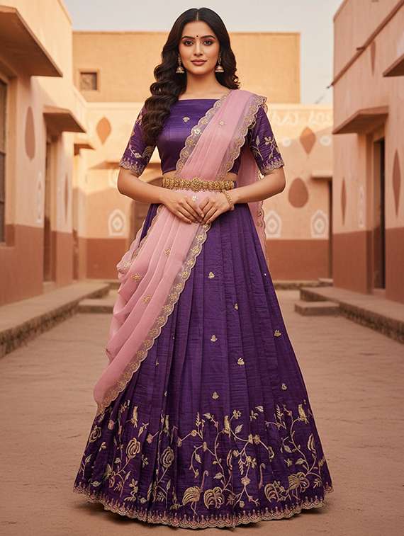 women solid with work unstitched lehenga choli set