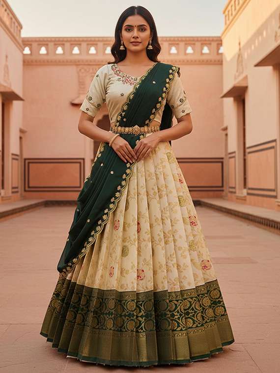 women self design south indian style unstitched lehenga choli set