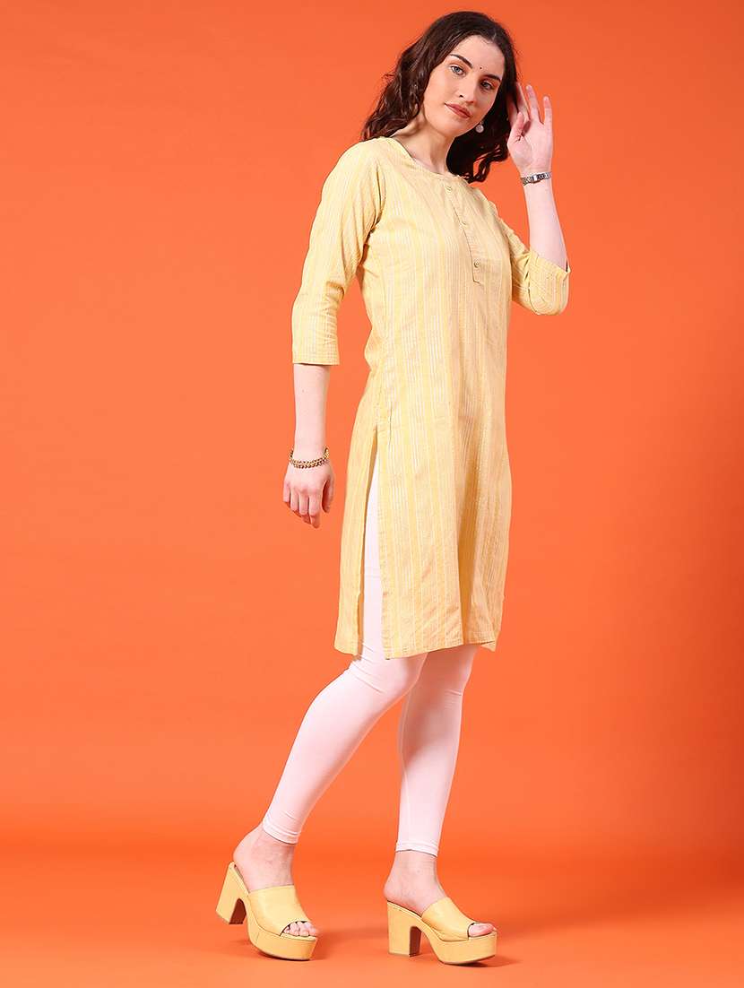 Women Striped Three Quarter Sleeve Straight Kurta - 22339586 -  Standard Image - 2