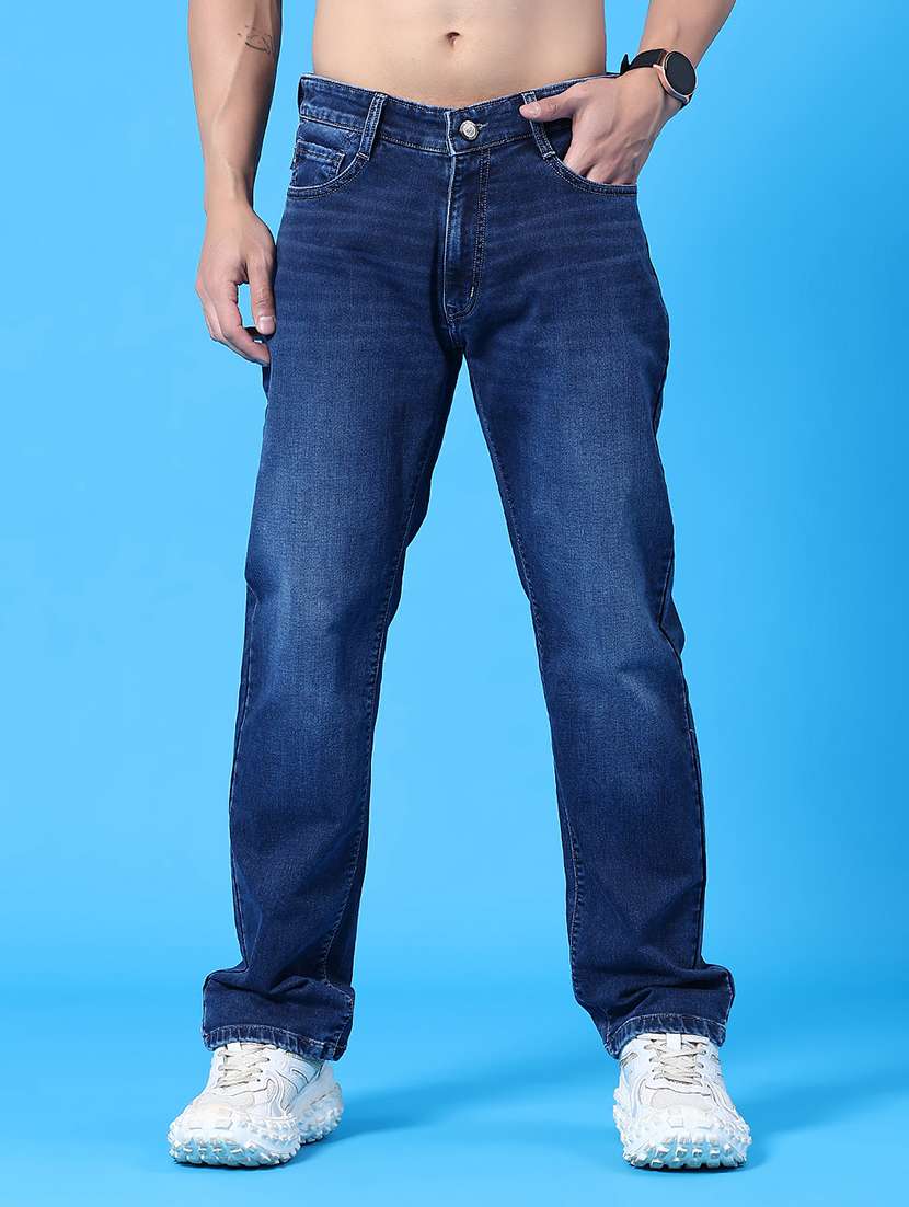 men washed mid rise full length straight jeans
