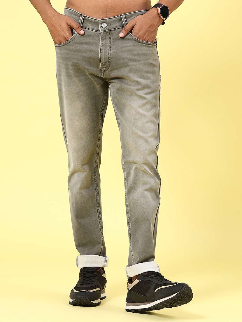 men washed mid rise full length tapered jeans