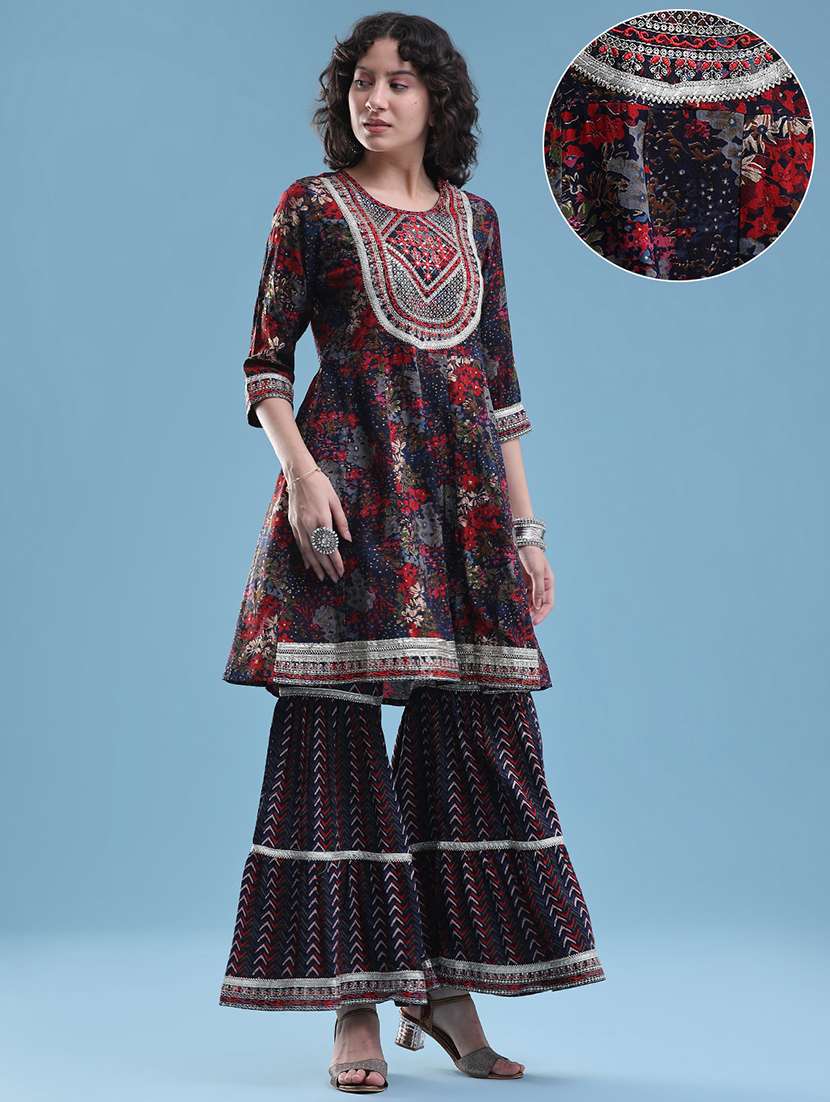 women printed three quarter sleeves kurta sharara set with dupatta - 22340132 -  Standard Image - 2