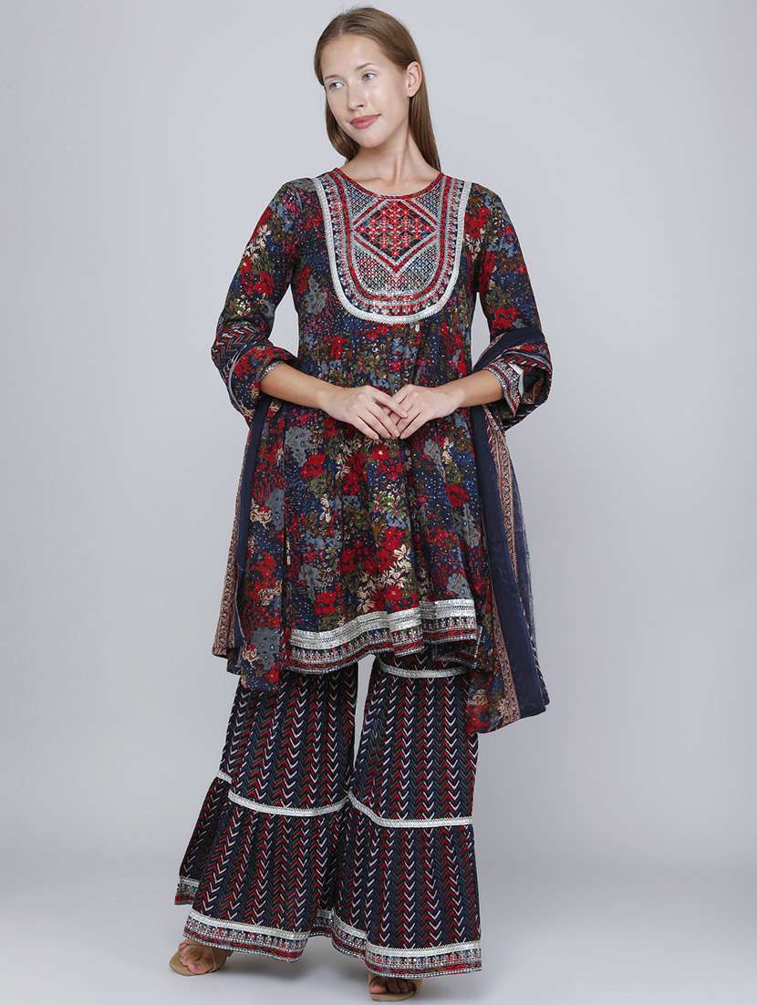 Women Printed Three Quarter Sleeve Kurta Sharara With Dupatta Set - 22340133 -  Standard Image - 2