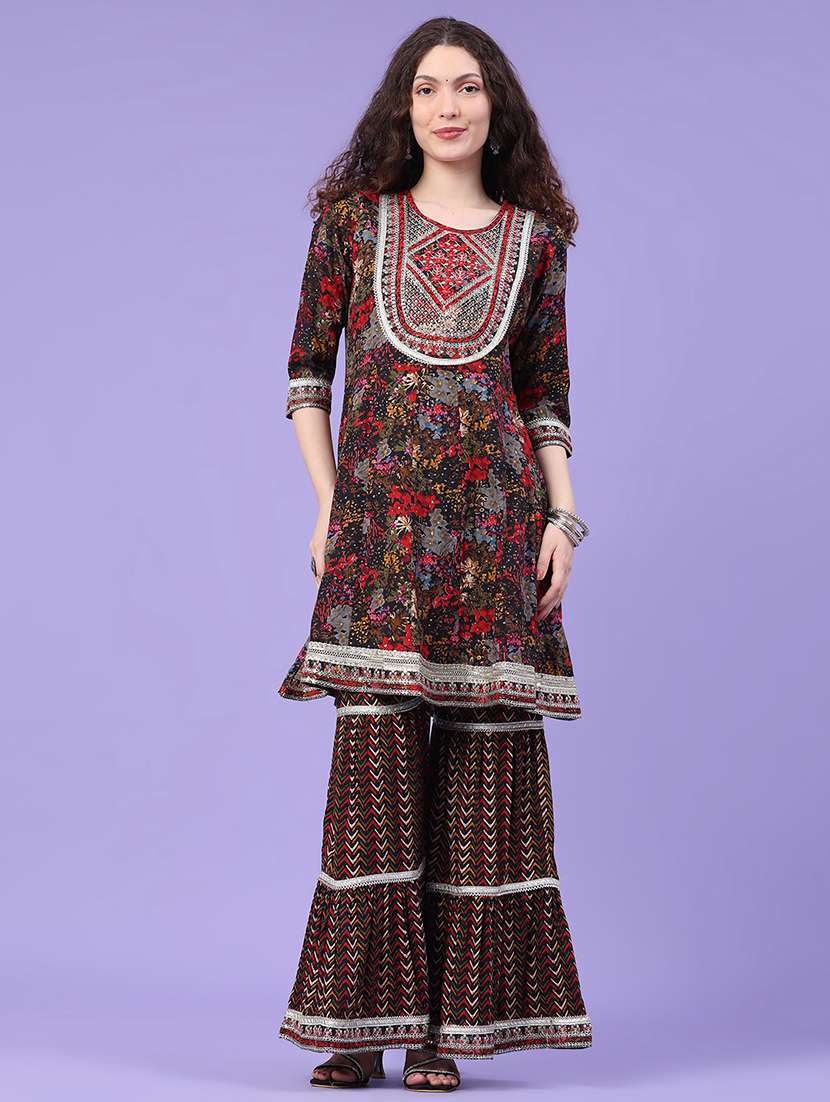 Women Printed Three Quarter Sleeve Kurta Sharara With Dupatta Set - 22340134 -  Standard Image - 2