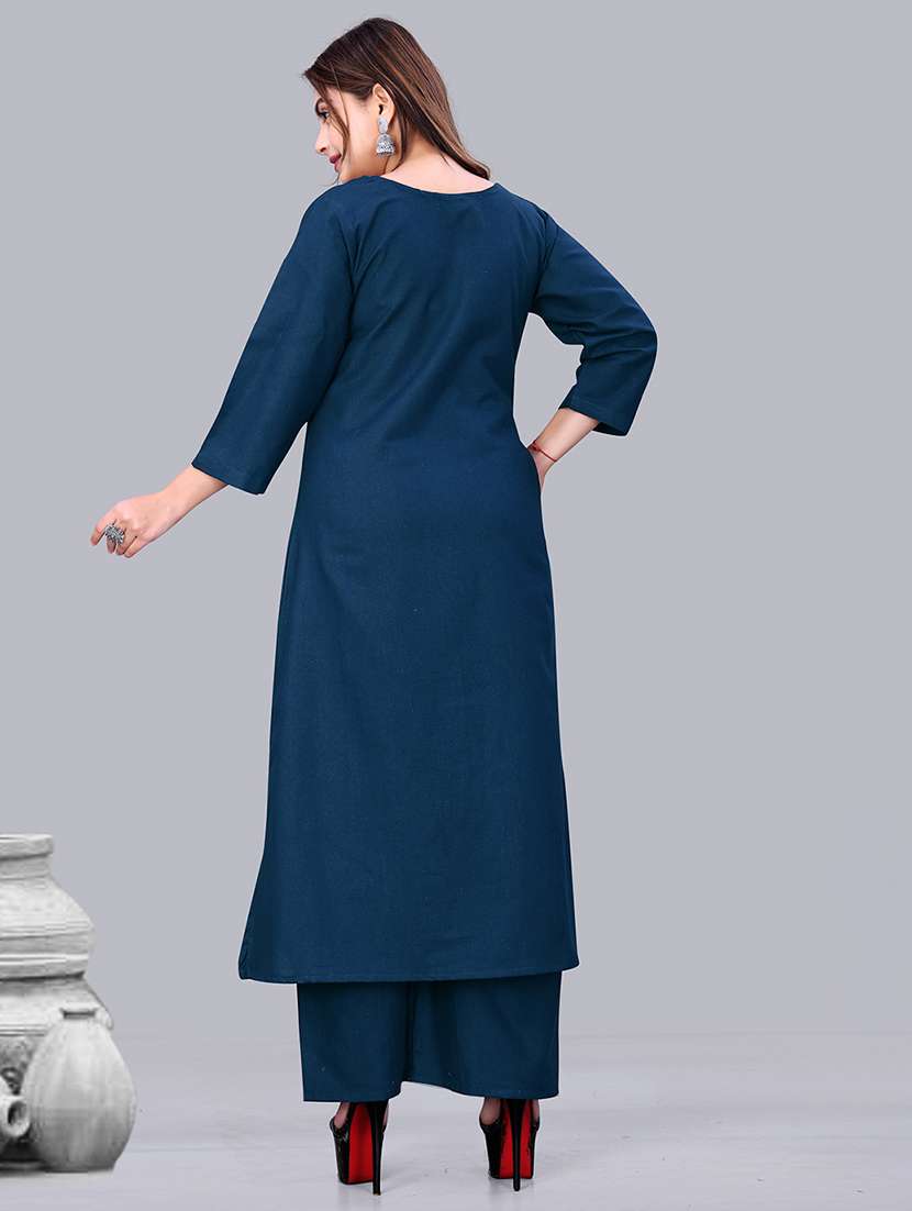 women solid with work three quarter sleeve kurta palazzo set - 22340405 -  Standard Image - 2