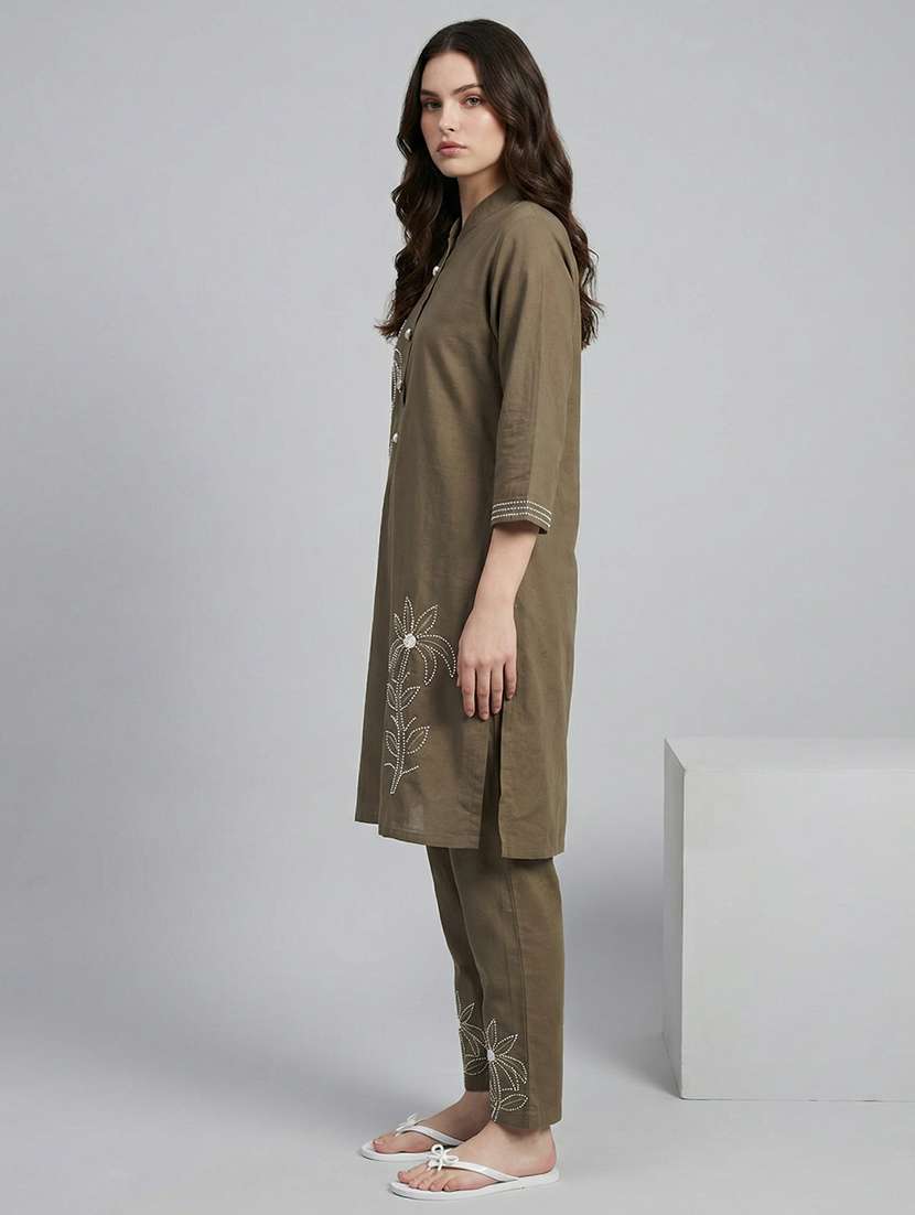 women solid with work three quarter sleeve ethnic co-ord set - 22340711 -  Standard Image - 2