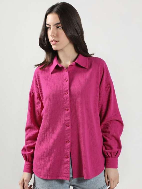 women solid collared long sleeve relaxed fit shirt