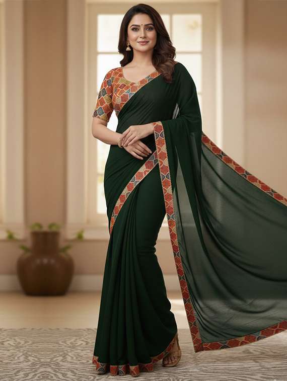 women solid with bordered saree with blouse
