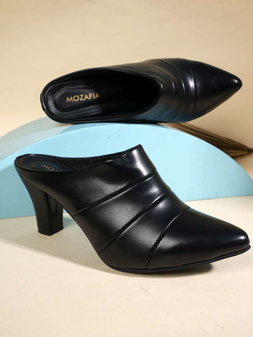 women solid slip on  block heel mules