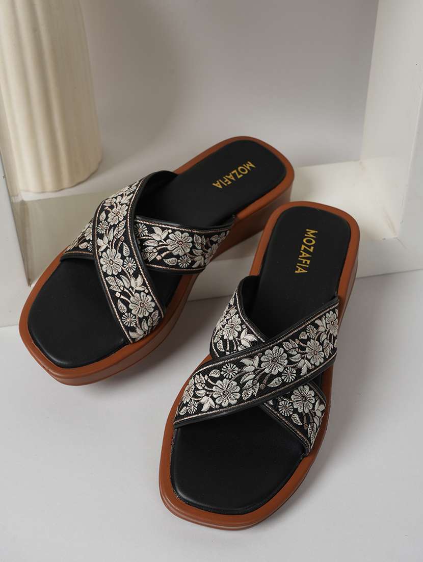 women embroidered slip on flat sandal