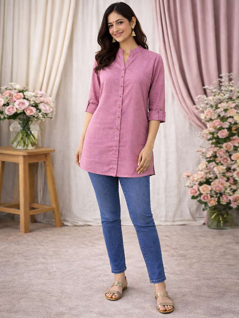 women solid roll up sleeve a-line kurti - 22342010 -  Standard Image - 2