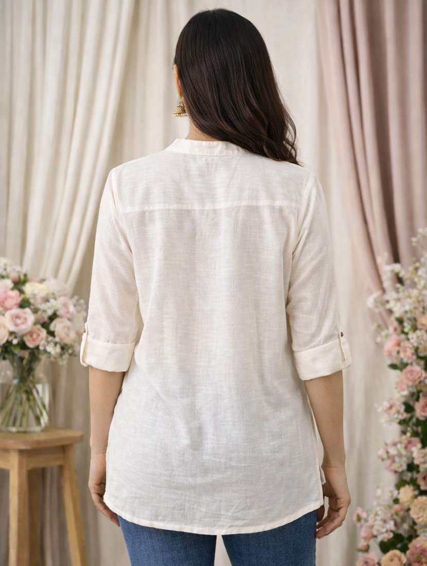 women solid roll up sleeve a-line kurti - 22342012 -  Standard Image - 2