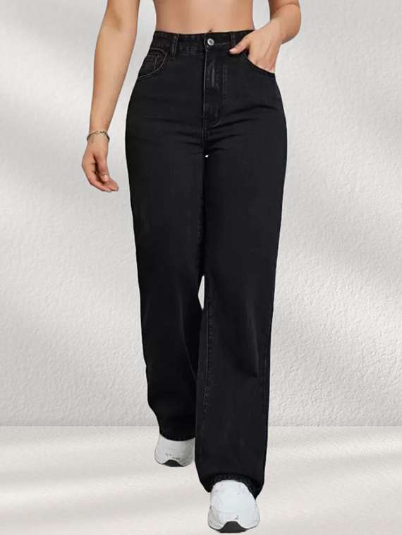 women solid high rise wide leg jean