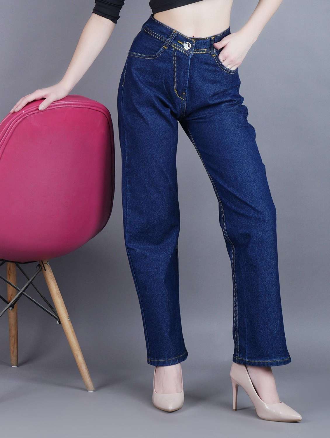 women solid high rise straight jean
