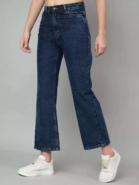women solid high rise straight jean