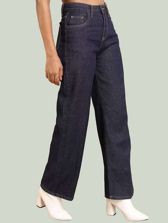 women solid high rise wide leg jeans