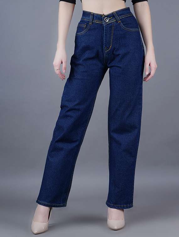 women solid high rise straight fit jean