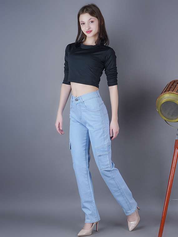 women solid high rise denim cargo - 22342616 -  Standard Image - 2