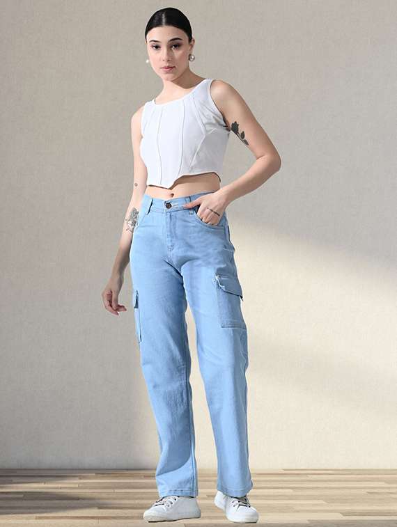 women solid mid rise denim cargo - 22342617 -  Standard Image - 2