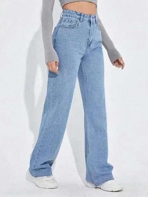 women solid high rise relaxed fit jean