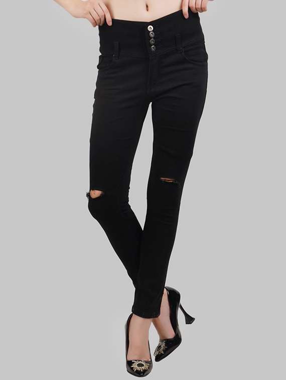 women solid slash knee mid rise slim fit jean