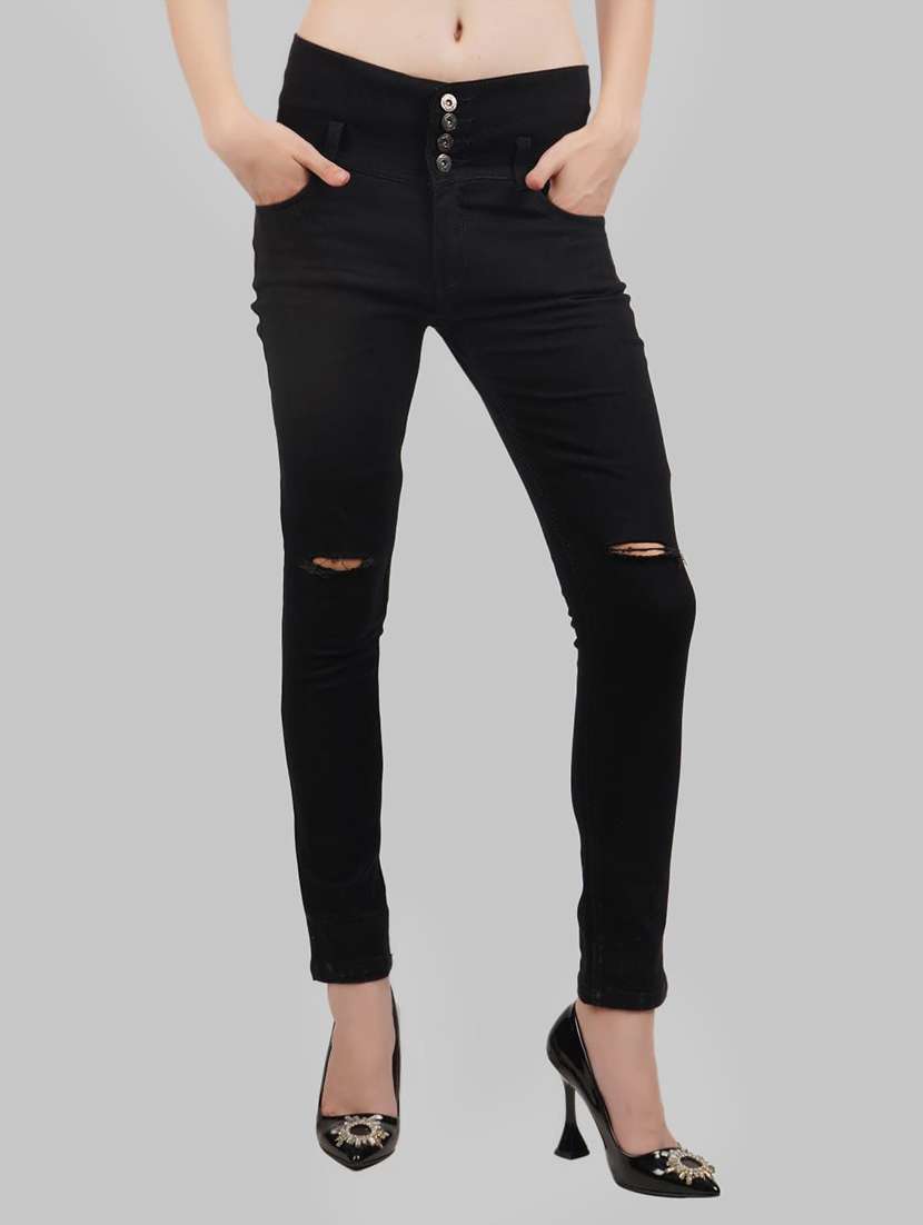 women slash knee mid rise slim fit jeans