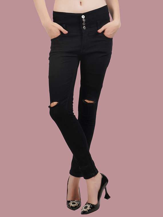 women solid slash knee mid rise slim fit jean
