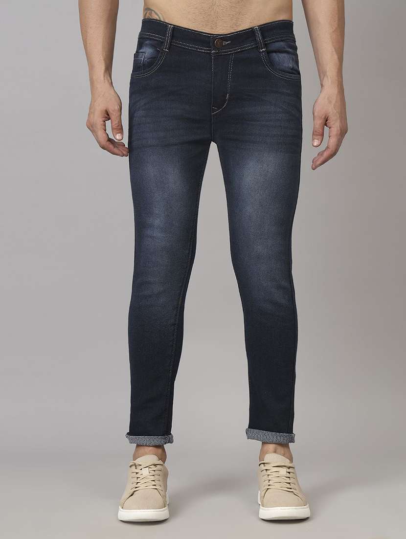 men washed mid rise full length jeans