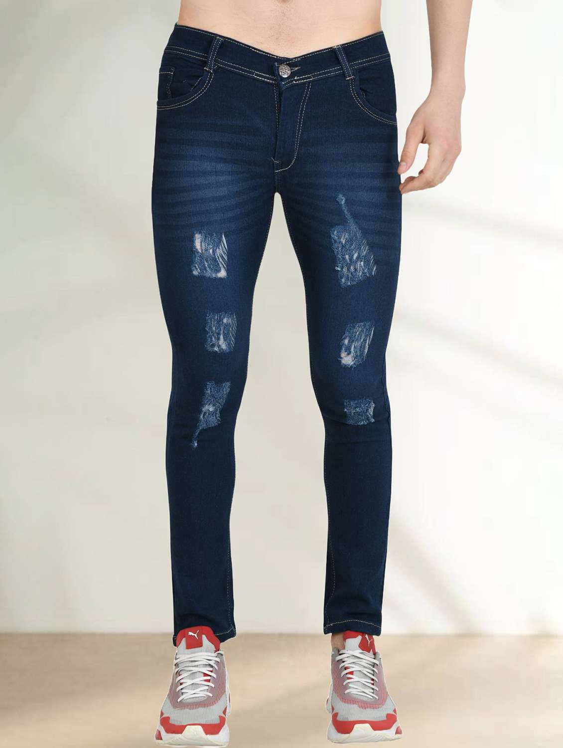 men distress mid rise full length slim fit jeans