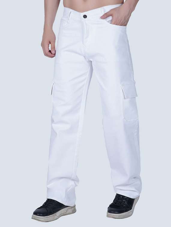 men solid mid rise denim cargo