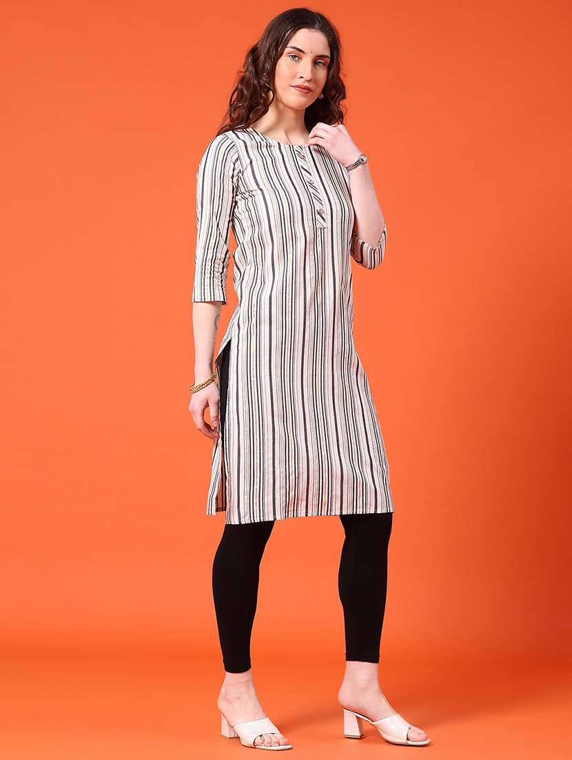women striped three quarter sleeve straight kurta - 22345213 -  Standard Image - 2