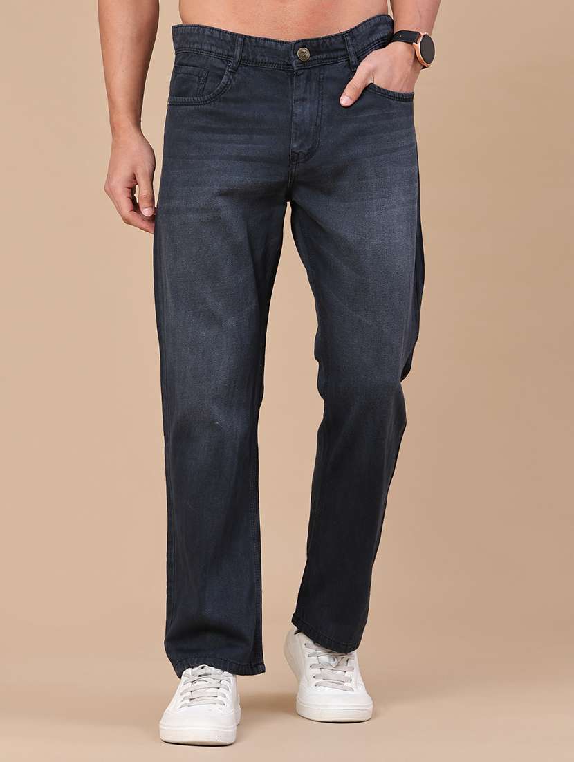 men washed mid rise full length straight jeans