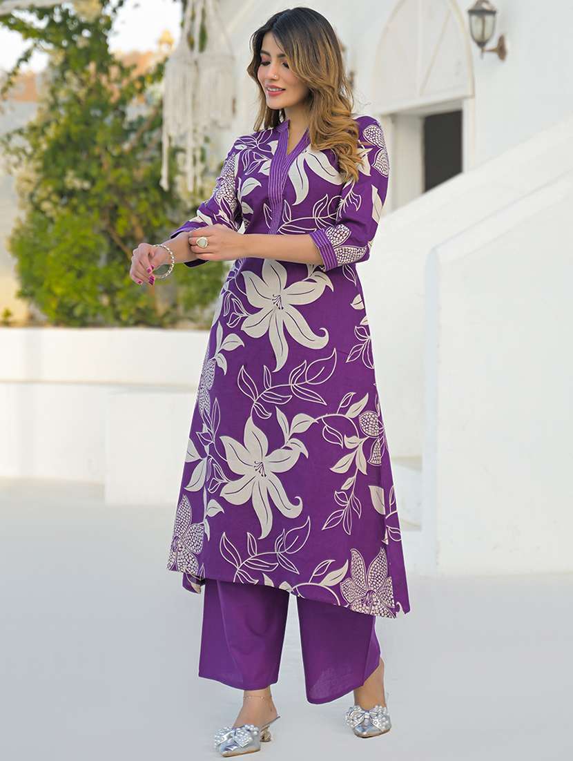 women floral three quarter sleeve kurta pant set - 22345784 -  Standard Image - 2