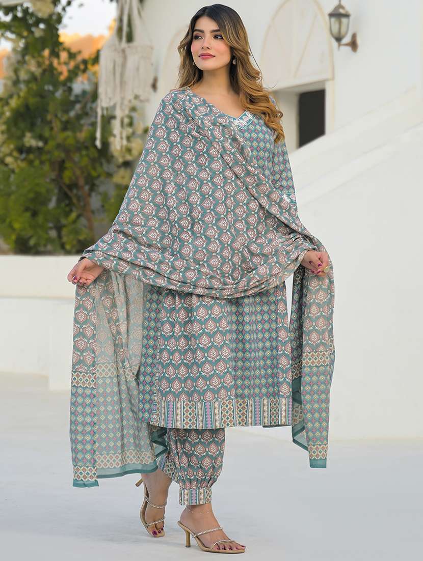 women printed three quarter sleeve kurta salwar with dupatta set - 22345789 -  Standard Image - 2