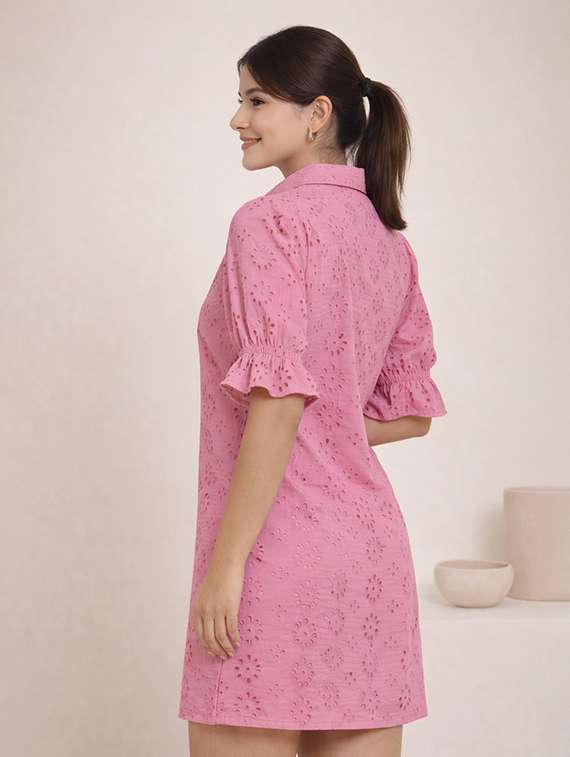women solid puff sleeve schiffli shirt dress - 22345917 -  Standard Image - 2